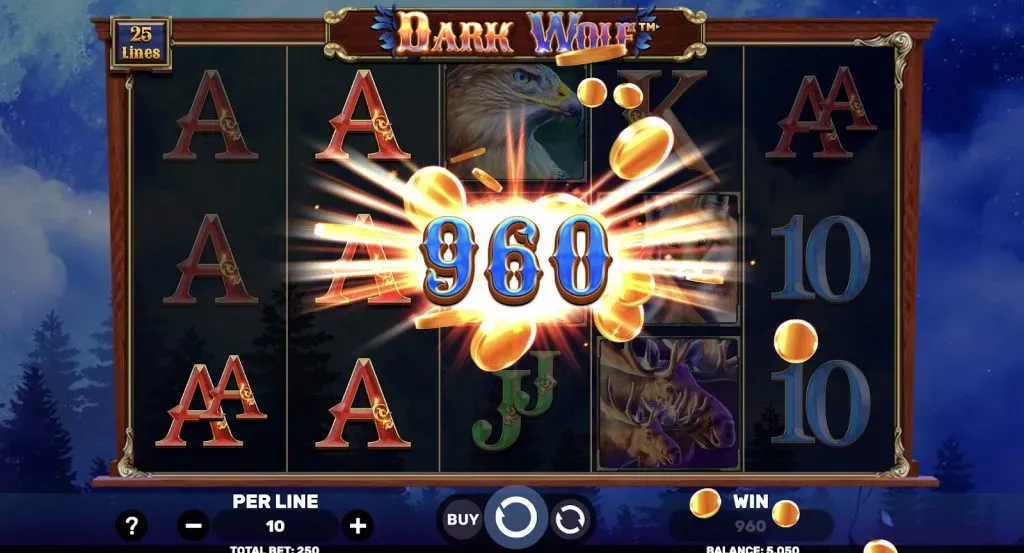 Dark Wolf Dark Wolf slot machine displaying a 960 coin win