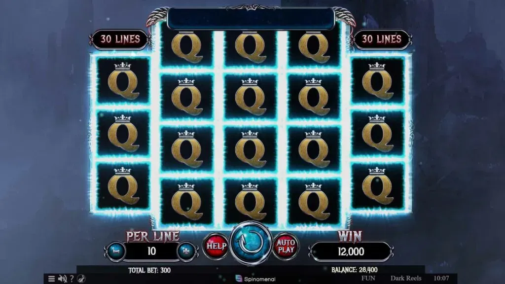 Dark Wolf Slot machine game interface with glowing crowned Q symbols