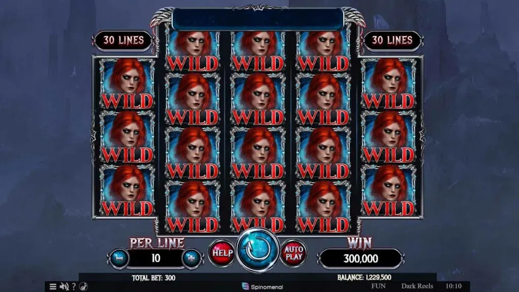 Dark Wolf Slot game interface displaying all wild symbols with a red-haired woman