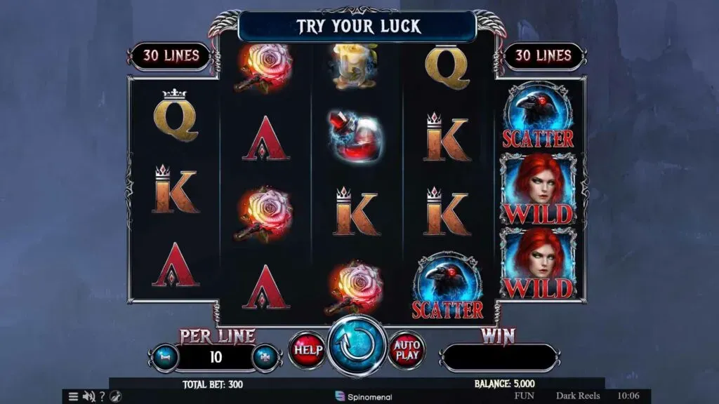 Dark Wolf Dark Reels slot machine game interface displaying mystical symbols