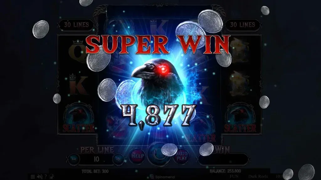 Dark Wolf Raven slot machine Super Win displaying 4,877 prize