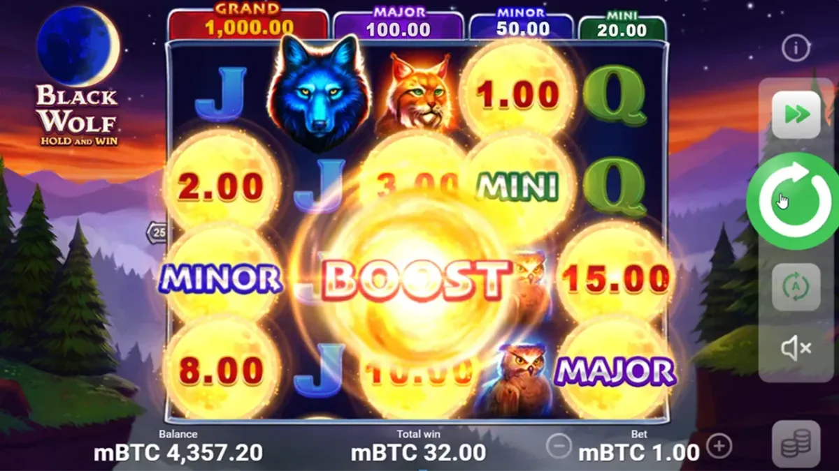 Dark Wolf Black Wolf Hold and Win slot game with glowing moon symbols