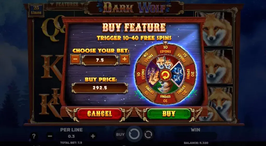 Dark Wolf DARK WOLF slot game Buy Feature screen with free spins wheel