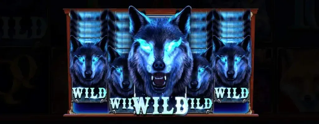 Dark Wolf Glowing blue wolves on a slot game screen displaying WILD symbols