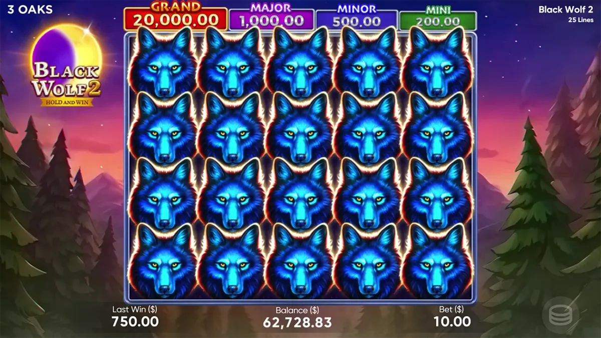 Dark Wolf Black Wolf 2 slot game featuring multiple blue wolf head symbols
