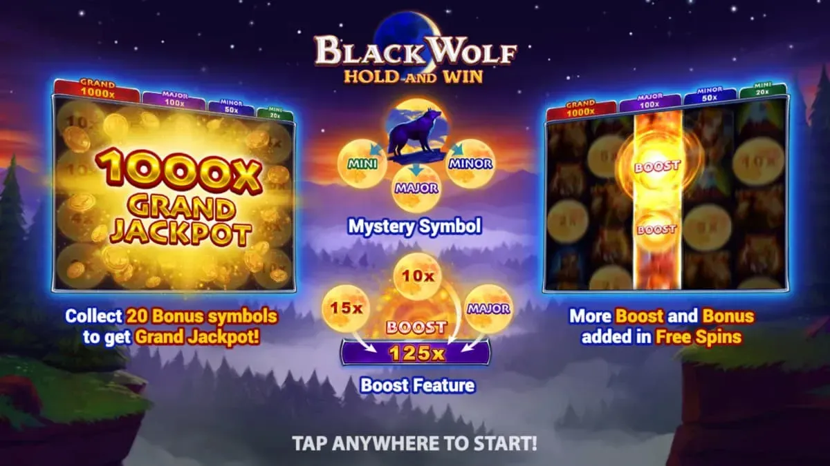 Dark Wolf Black Wolf Hold-and-Win slot machine bonus features display