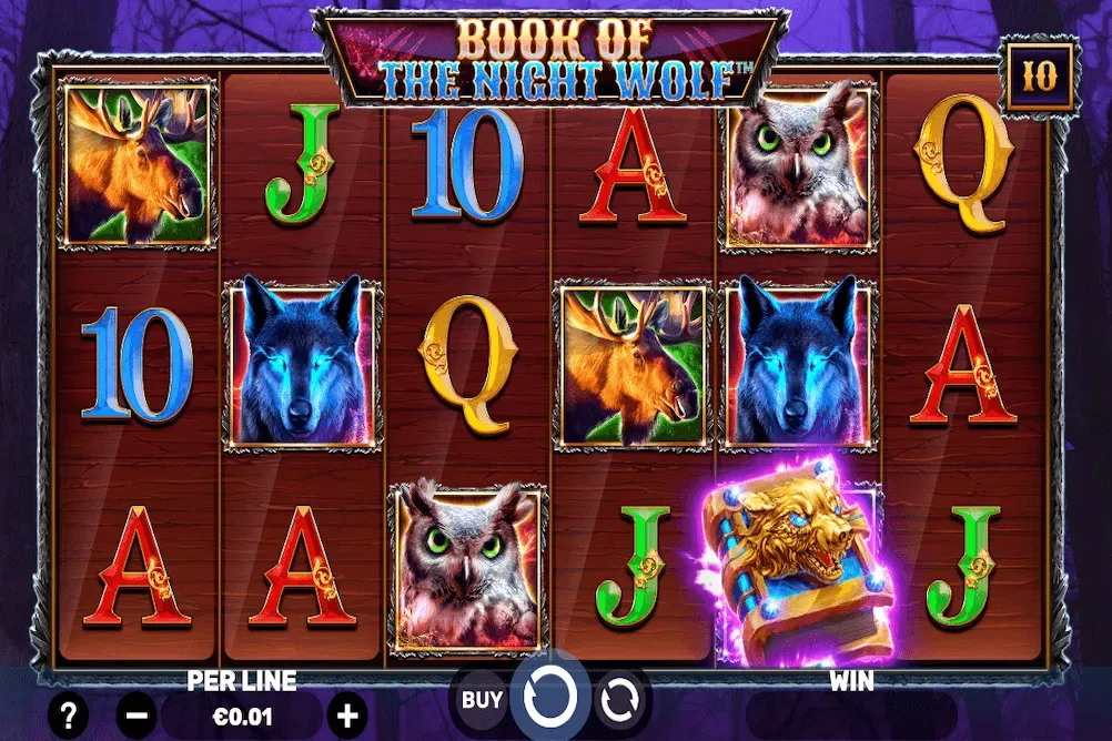 Dark Wolf Book of the Night Wolf online slot game with animal symbols