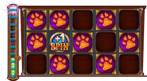 Dark Wolf Game screen showing paw prints and +1 SPIN bonus symbol